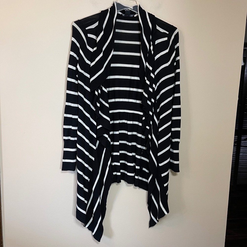 White House Black Market Silk Blend Striped Draped Cardigan Black White XL